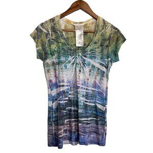 G. Girl Womens Green Blue Tie Dye 90s Y2K Stretch Short Sleeve T-Shirt Medium